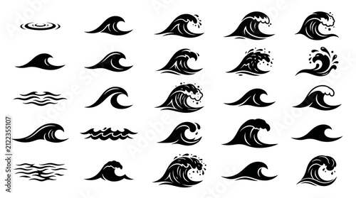 фотографія Ocean waves collection displays twenty-five distinct black silhouette icons depicting various sea water movements and splashing crests