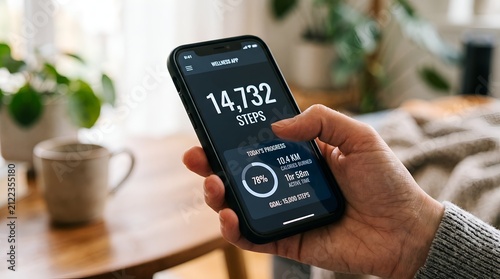 Close up of a person using a mobile fitness app to track daily steps