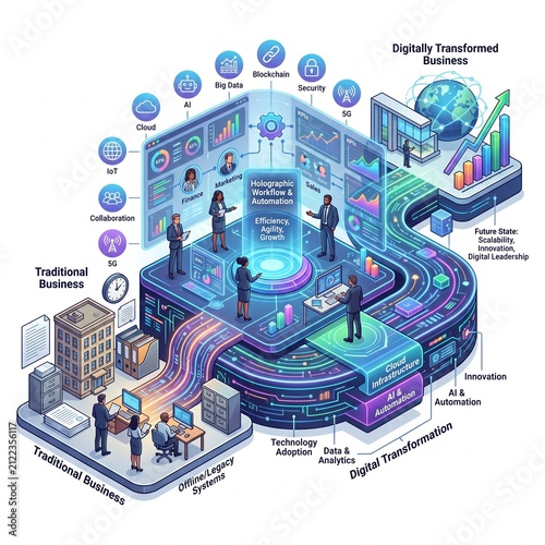 Digital business transformation concept. Isometric infographic showing corporate data evolution.