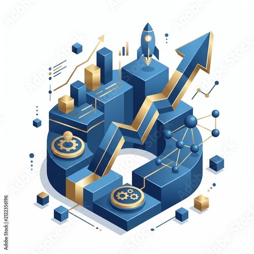 Isometric business growth concept. Financial success chart with rocket and rising arrow.