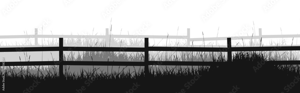 Obraz premium Meadow silhouettes with grass and old wooden fence. Countryside, panoramic summer lawn rural landscape with herbs, weeds. Herbal border, frame element. Black horizontal banners. Vector illustration