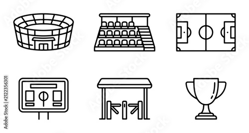 Sports Stadium Icons, Soccer Field, Trophy, Scoreboard, Turnstile, Seating, Vector Graphics