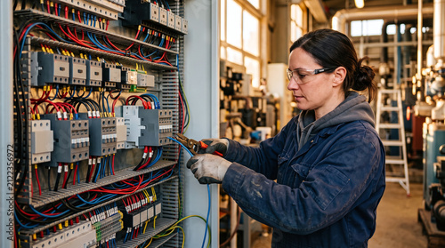Female industrial electrician wiring a control panel in a manufacturing factory.