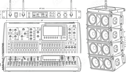 Professional Sound System Equipment Technical Drawing with Line Array Speakers and Audio Mixer