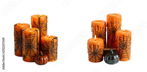 Two groups of halloween spider web candles with small decorative pumpkins isolated on transparent background