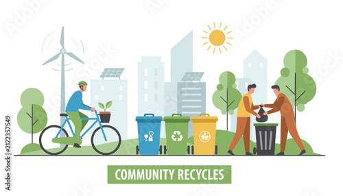 Eco friendly banner community recycles showing citizens sorting waste and riding a bicycle for sustainable lifestyle.
