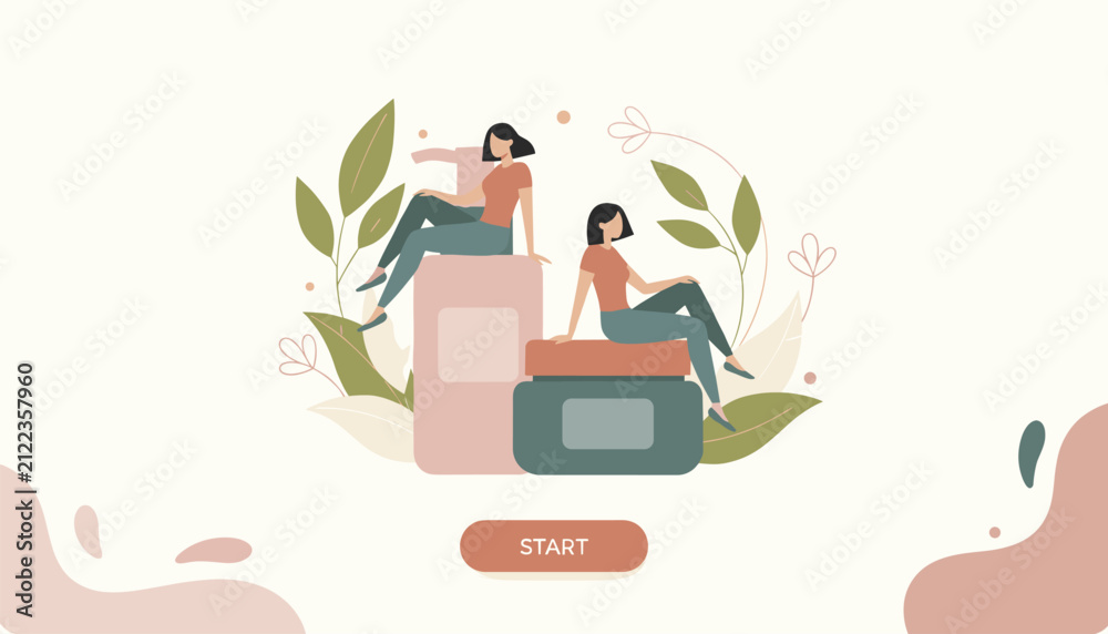Fototapeta premium Creative beauty onboarding screen illustration with women sitting on giant skincare products surrounded by botanicals.