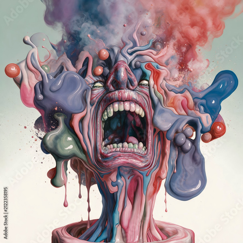 Surreal Screaming Human Face with Explosive Liquid Splashes and Bizarre Forms