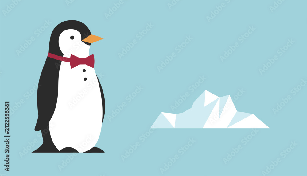 Obraz premium Cute cartoon penguin wearing a red bow tie stands next to a low poly iceberg on a bright light blue background.
