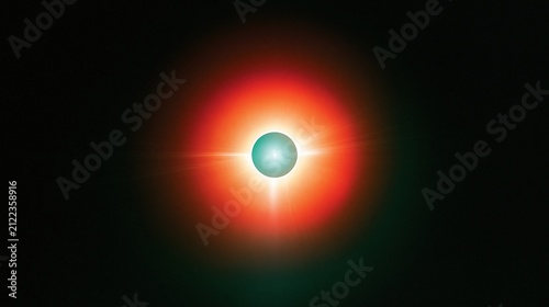 Abstract glowing circle with central cyan sphere and warm orange gradient halo on solid dark black background creates modern minimal clean abstract art design