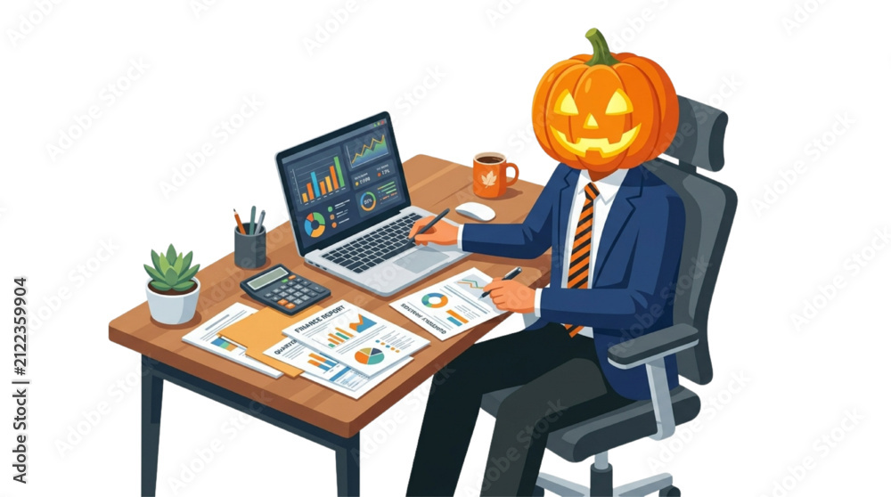 Fototapeta premium Pumpkin Head Accountant Analyzing Financial Reports at Office Desk Vector