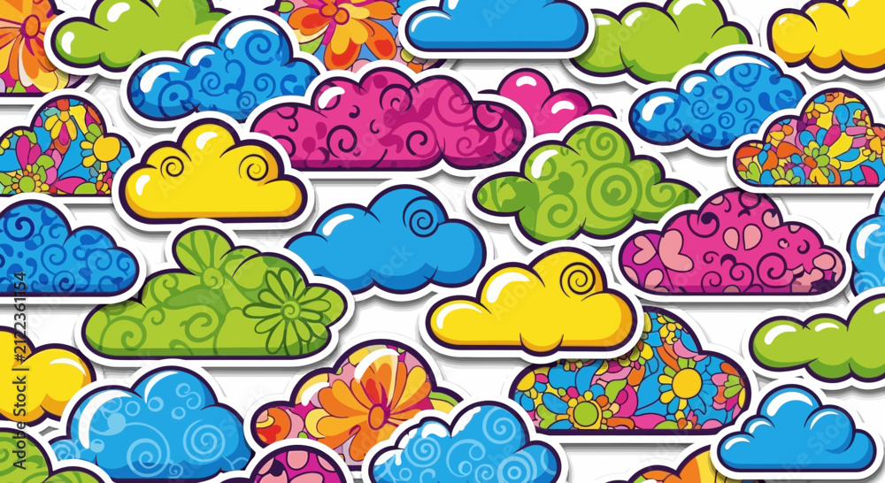 Fototapeta premium Vibrant seamless pattern featuring colorful stylized clouds decorated with intricate floral and swirl designs on a white background