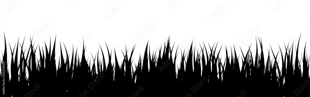 Obraz premium Meadow silhouette with grass, plants on plain. Panoramic summer lawn landscape with herbs, various weeds. Herbal border, frame element. Black horizontal banners. Vector illustration