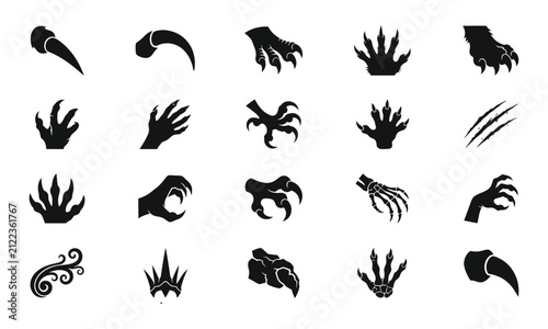 Set of monster claws and sharp talons silhouettes isolated on transparent background