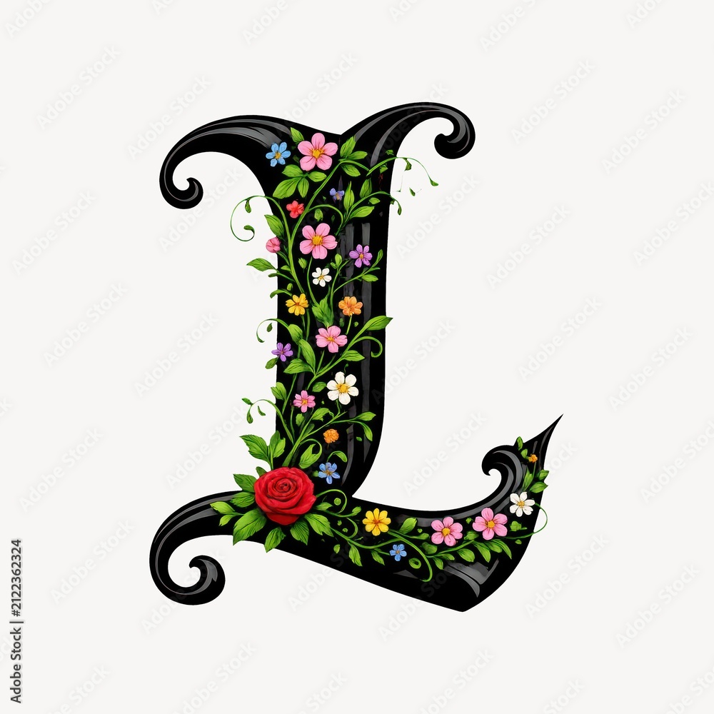 Fototapeta premium Ornate letter 'L' with colorful flowers and vines on a white background.