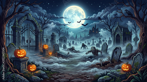 Foto Spooky Zombie Graveyard Landscape with Full Moon Jack O Lanterns Night