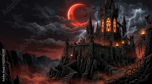 Foto Spooky Gothic Castle Fortress Landscape Under Blood Red Crescent Moon