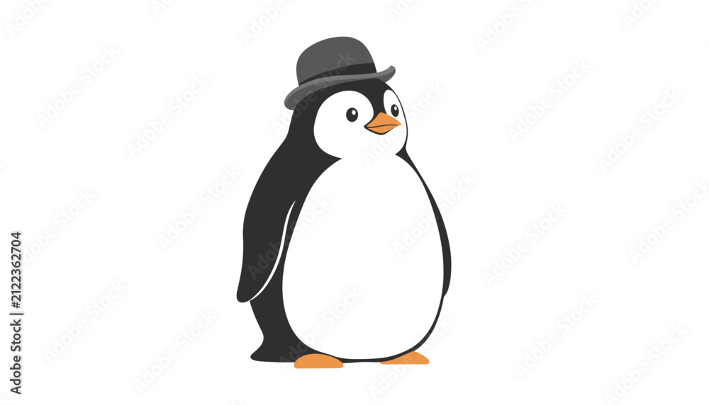 Obraz premium Adorable cartoon penguin character wearing a stylish grey bowler hat standing cheerfully on a clean white background.
