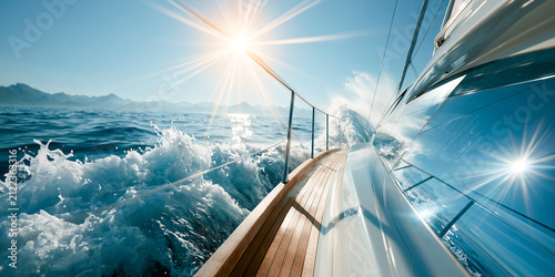 Low angle view along a yacht deck tilting over splashing blue sea