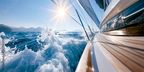 Low angle view along a yacht deck tilting over splashing blue sea