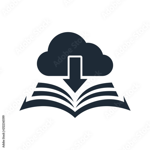 Digital library  icon  a cloud with a download arrow pointing into an open book. Vector illustration online learning, e-learning platforms, cloud storage for educational resources, and e-book download