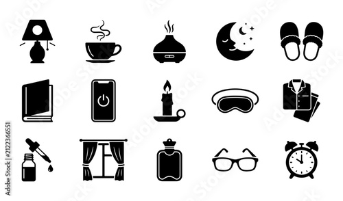 Cuadro en lienzo Sleep hygiene and bedtime routine icons set, 15 black solid vector symbols for h