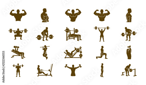 Quadro su tela Bodybuilding and weightlifting icons set, 20 gym workout silhouettes, brown fitn