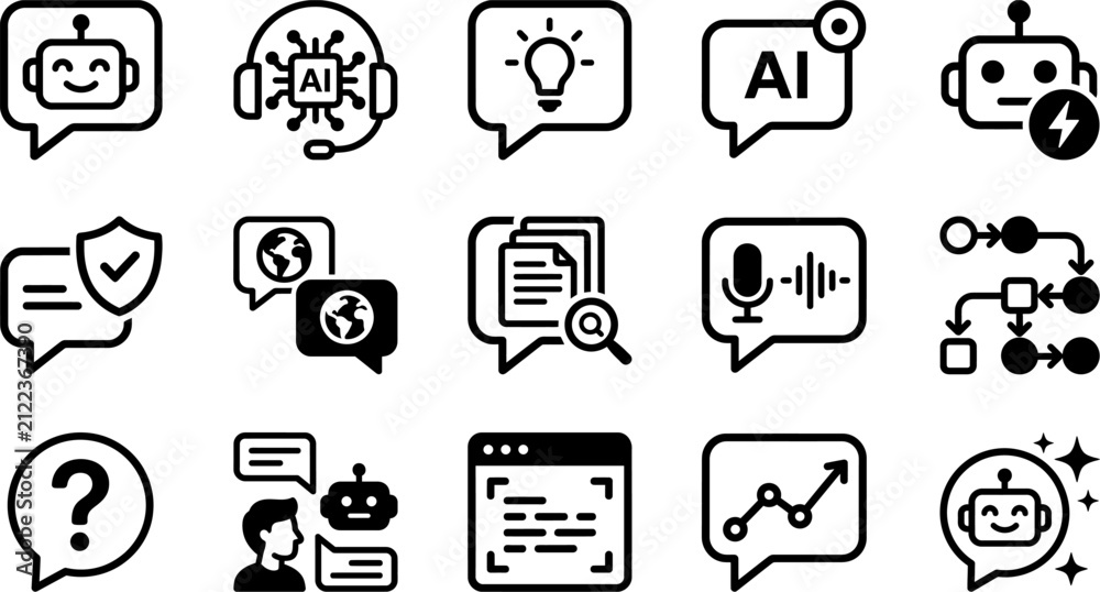 Fototapeta premium Artificial Intelligence And Communication Flat Icons Black Line Art On White Background