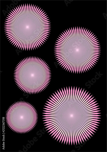 Five stylized, radiating pink fireworks burst across a black background, arranged in a balanced composition of two larger and three smaller forms. Their intricate, starburst shapes feature finely deta