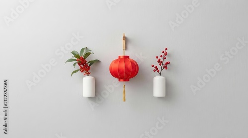 Red Lantern and Floral Arrangement, Minimalist Style, Indoor Setting, Contemporary Viewpoint