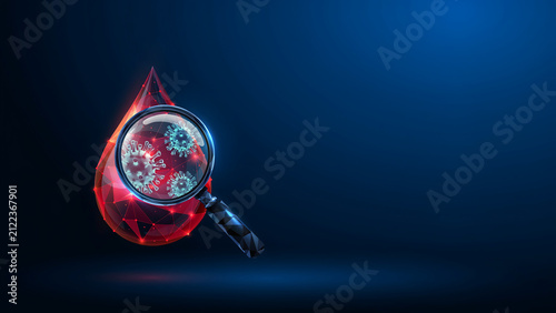 Cuadro en lienzo Magnifying glass examining a single red blood cell containing virus particles
