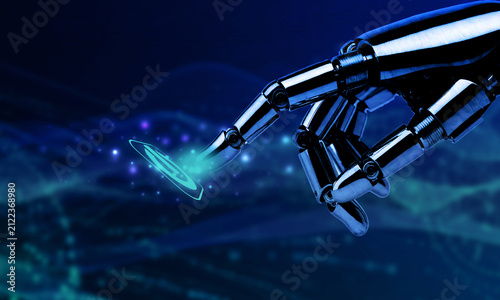 robot pointing finger body part touch screen push button artificial intelligence technology robot hand digital future business innovation blue element click computer machine industry learning robot 