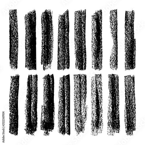 Long grunge brush strokes, lines, ink smudges, hand-drawn scribble shapes. Handmade sketchy marks, stains, charcoal streaks. Paint textures, dry brush effect. Marker underline. Vector illustration