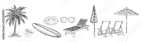 Hand drawn sketch of summer vacation elements with palm tree, surfboard, beach chairs and umbrella.