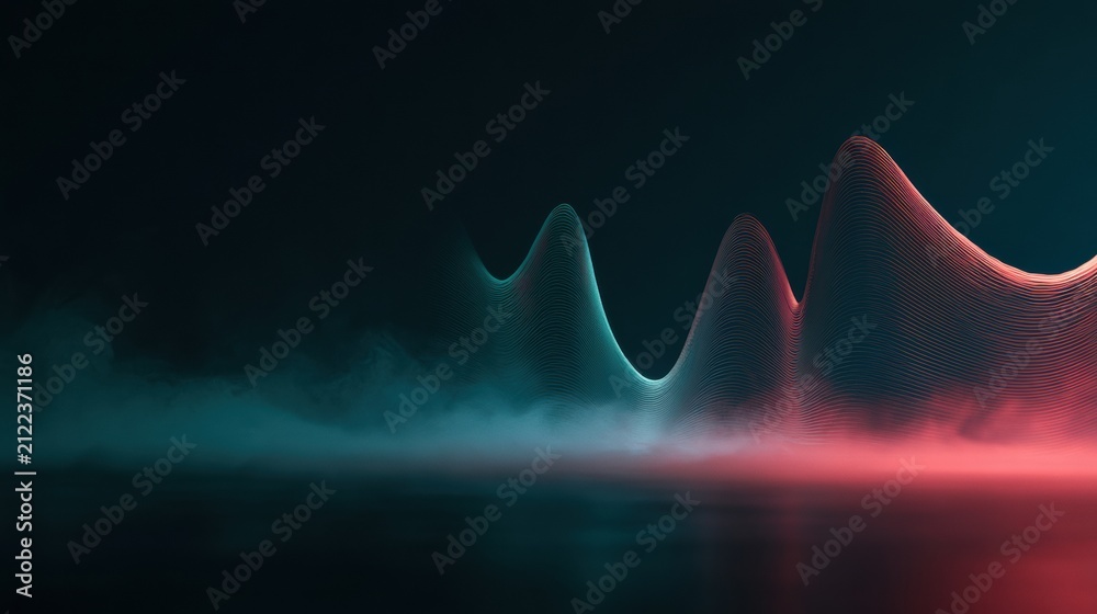 Naklejka premium Two voice waves from separate sources blend and divide into ordered streams with a soft mist present at the split in a dark space.