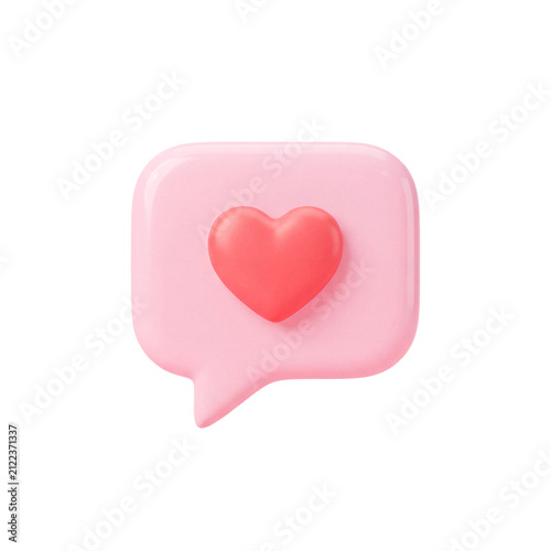 Pink speech bubble with red heart icon on white background