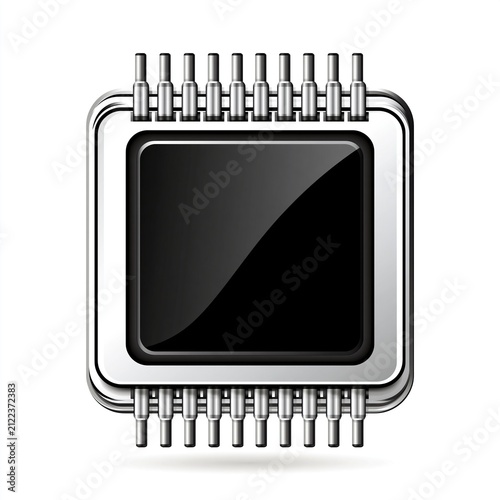 Glossy metallic square microchip processor icon with blank empty black central area isolated on clean white background represents computer hardware technology