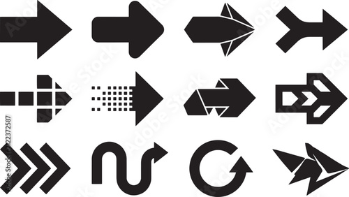 Black and white abstract arrows set modern design elements vector background pattern simple chunky origami merging pixelated dissolving folded chevron triple serpentine reload dynamic shards