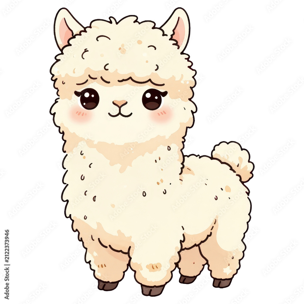 Naklejka premium Cute Alpaca Illustration: A charming, fluffy alpaca with big, expressive eyes stands with a gentle smile, its woolly coat rendered in a soft, watercolor style.
