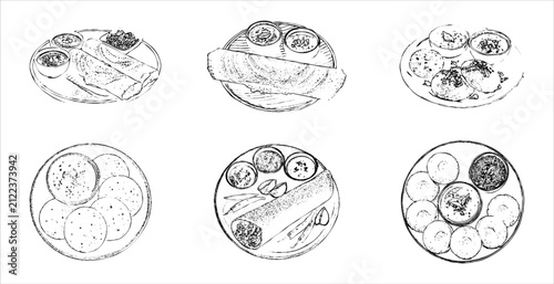 Set of hand drawn sketches of traditional south indian food dishes on plates