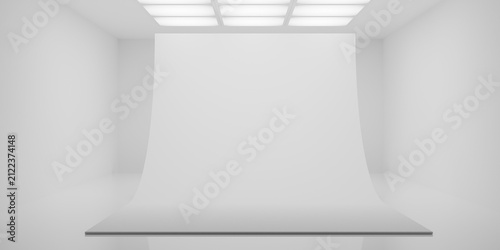 Empty blank white large room or art gallery background with photo studio backdrop and grid ceiling light, modern interior or production presentation template