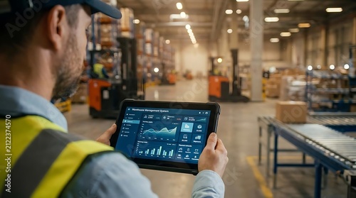 Warehouse worker checking management software on tablet