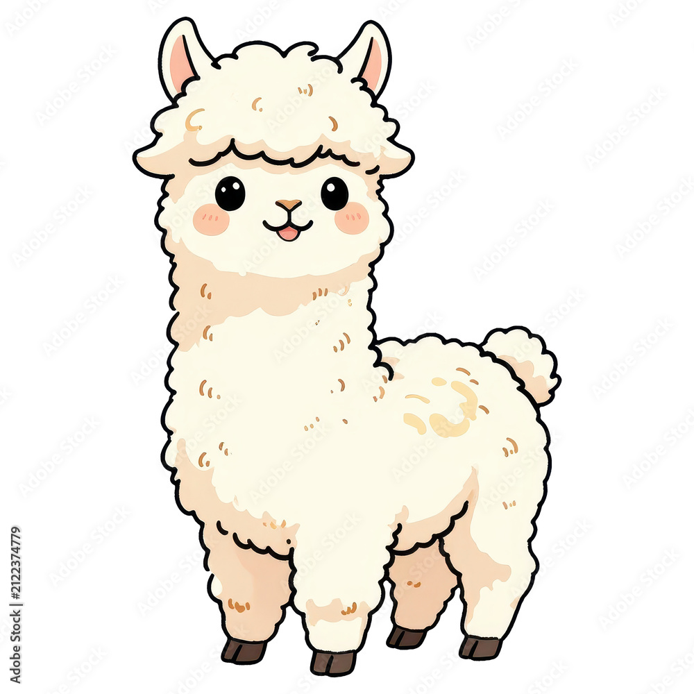 Naklejka premium Cute Alpaca Illustration: A charming, fluffy white alpaca with big, innocent eyes and a friendly smile stands proudly, rendered in a delightful cartoon style.