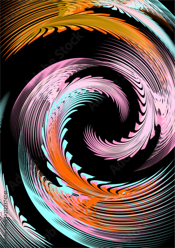 Abstract digital artwork featuring vibrant swirling lines in pastel pink, cyan, orange, and gold against a deep black background. Dynamic motion, modern geometric design, and bold visual energy create