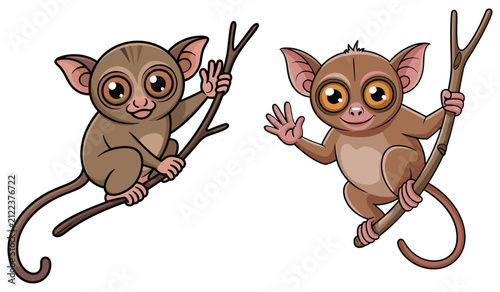 Obraz na płótnie Tarsier primates clinging to branches vector illustration on a white background
