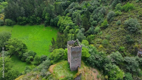 Historic Doncos Tower In Lugo Province, Galicia, Spain. - aerial tiltup shot