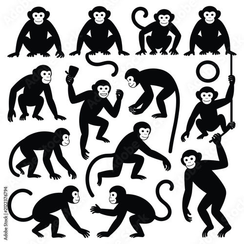 Obraz na plátně Monkey Silhouettes In Various Poses Black On White Background
