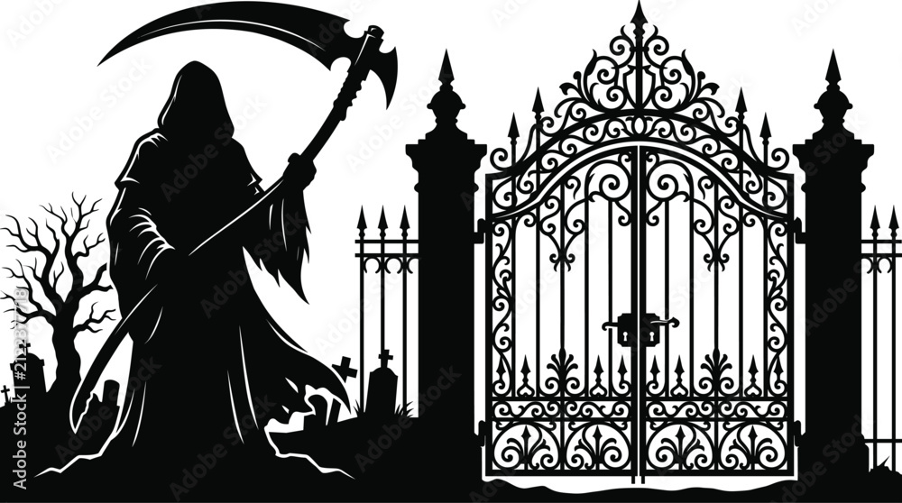 Fototapeta premium Grim reaper silhouette with scythe standing at spooky ornate cemetery gates for Halloween horror concept