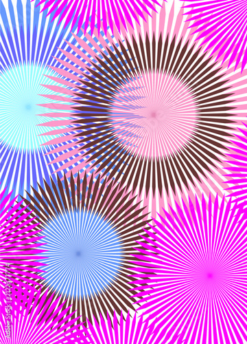 A vibrant digital illustration featuring colorful, layered starburst patterns. Overlapping radial bursts in bright pink, sky blue, cyan, and dark brown create a dynamic, fireworks-like celebration des