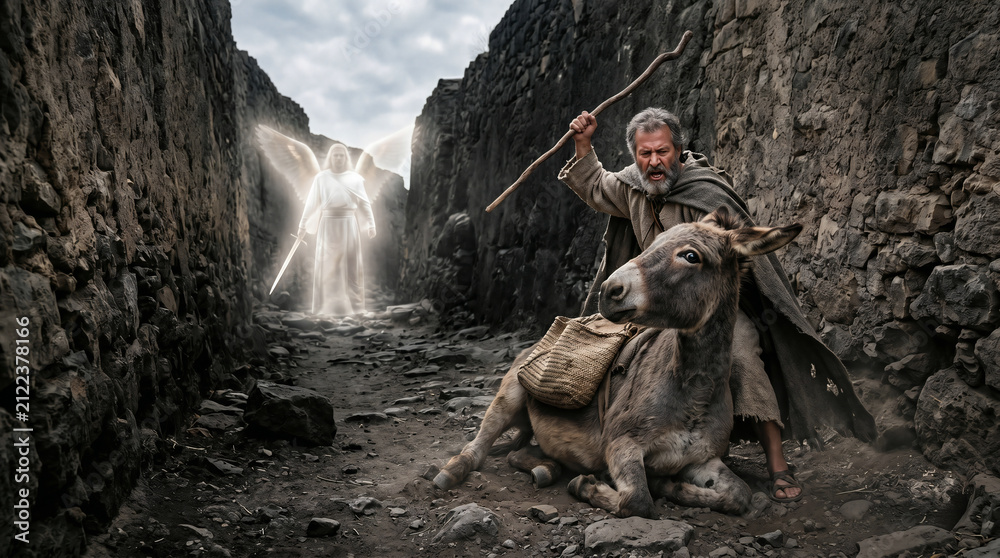 Fototapeta premium Balaam's donkey turning its head to speak to its master after being beaten for avoiding the invisible Angel of the Lord
